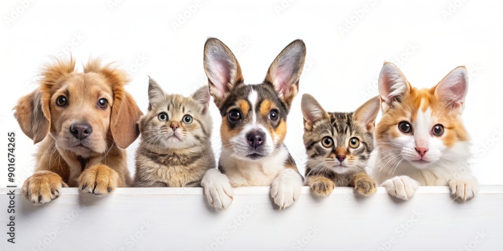 Obraz premium Cute animals from different species, including cats, dogs, and rabbits, peek over a white edge in a playful and adorable web banner arrangement.