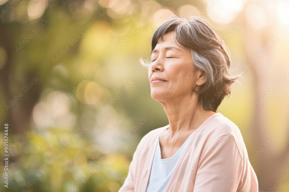 A serene elderly woman enjoys a moment of peace in nature, embodying relaxation and mindfulness amidst soft sunlight. A serene elderly woman enjoys a moment of peace in nature, embodying relaxation and mindfulness amidst soft sunlight.