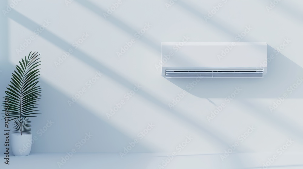 A contemporary air conditioner mounted on the wall, with cool air flowing into a spacious living room, flat design illustration, with copy space, high-resolution photo, hyper realistic A contemporary air conditioner mounted on the wall, with cool air flowing into a spacious living room, flat design illustration, with copy space, high-resolution photo, hyper realistic