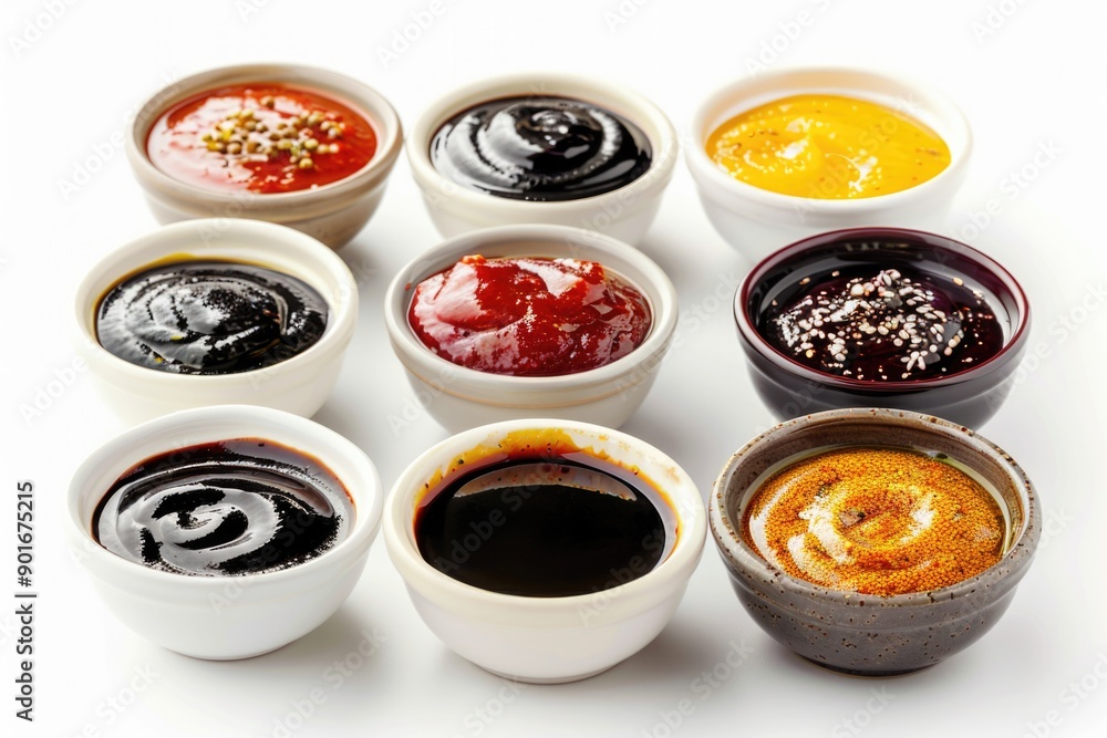 A row of bowls filled with different sauces. The bowls are arranged in a row and are of various sizes A row of bowls filled with different sauces. The bowls are arranged in a row and are of various sizes