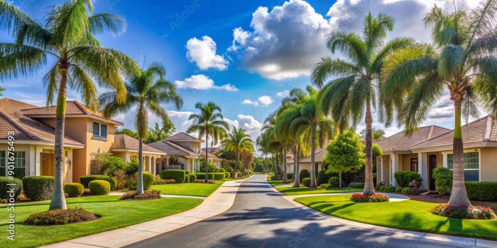 Serene gated community in sunny Florida features upscale houses with lush green lawns, palm-lined streets, and picturesque sidewalks, exuding warmth and tranquility. Serene gated community in sunny Florida features upscale houses with lush green lawns, palm-lined streets, and picturesque sidewalks, exuding warmth and tranquility.