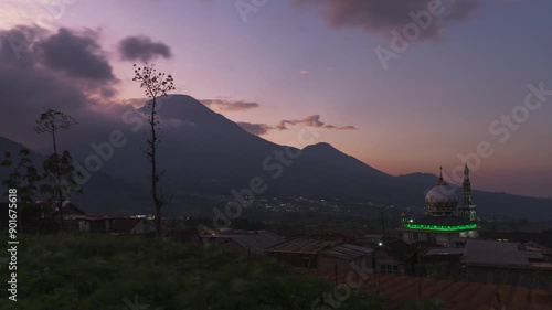 Mosque and mountain sunrise timelapse in 4K, Dieng Indonesia photo