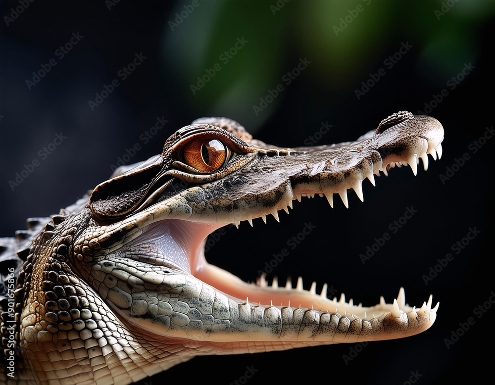 Obraz premium Close-Up Photo of Baby Crocodile with Mouth Open, Focusing on Large Prominent Eyes