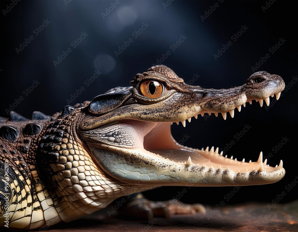 Fototapeta premium Close-Up Photo of Baby Crocodile with Mouth Open, Focusing on Large Prominent Eyes