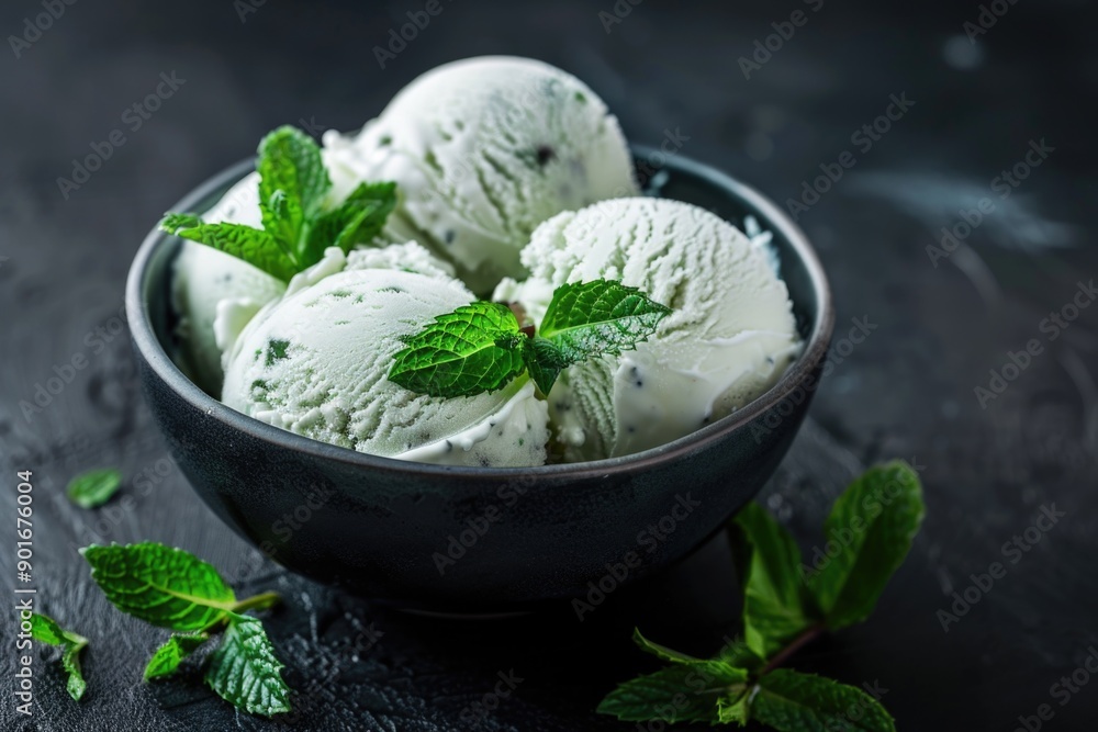 A bowl of ice cream with a green leaf on top A bowl of ice cream with a green leaf on top