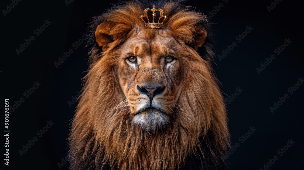 A majestic lion with an elegant golden king crown on a black background, symbolizing the Lion of Judah. A majestic lion with an elegant golden king crown on a black background, symbolizing the Lion of Judah.