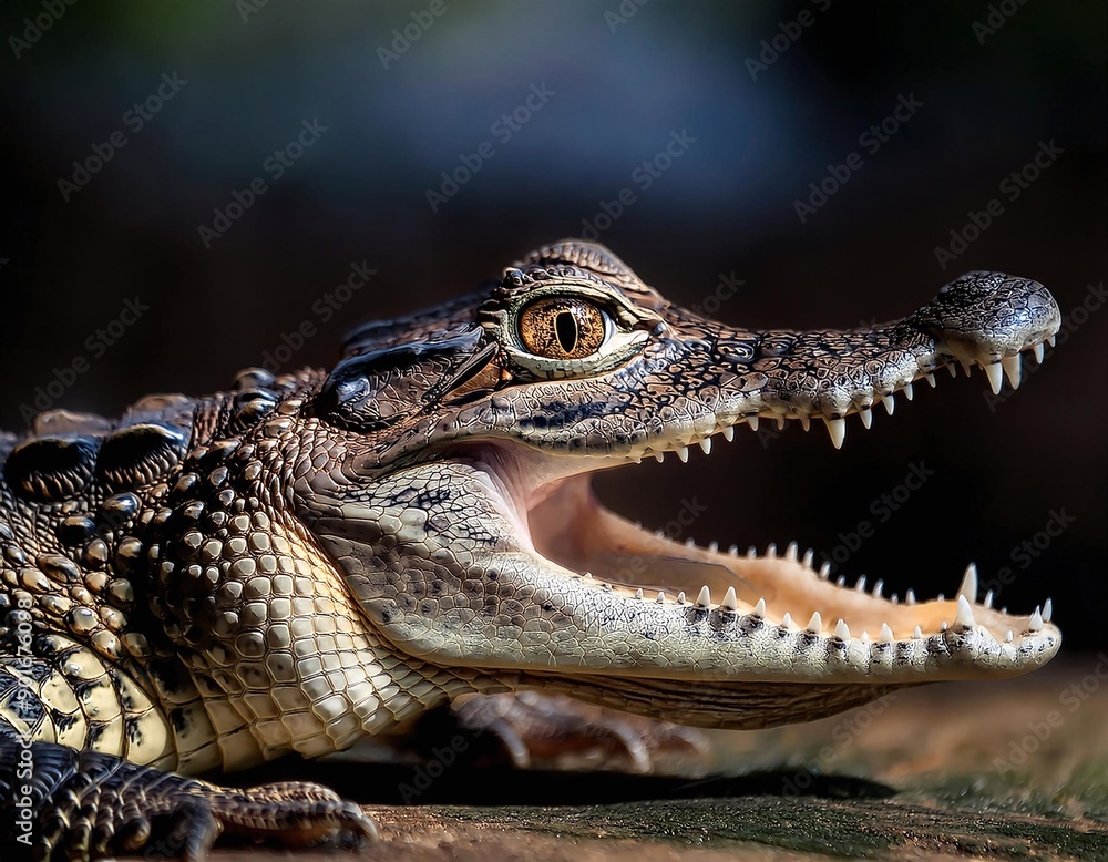 Fototapeta premium Close-Up Photo of Baby Crocodile with Mouth Open, Focusing on Large Prominent Eyes