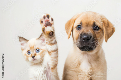 Adorable puppy and kitten together, showcasing friendship and playfulness. Perfect for pet-themed projects and marketing. photo