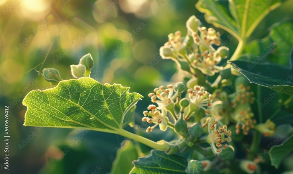 Naklejka premium Fig tree blossoms and young figs, close-up