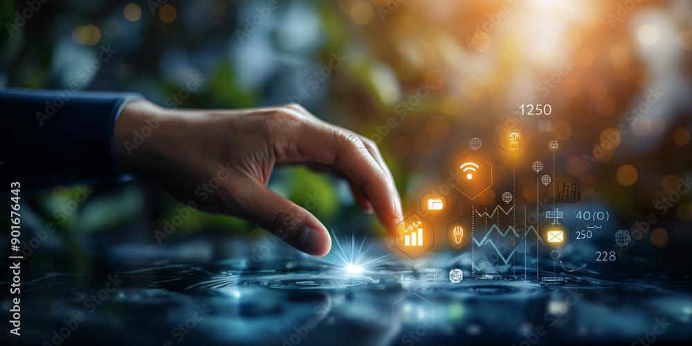 Hand interacting with a touch screen interface on a laptop, symbolizing digital communication and technology Hand interacting with a touch screen interface on a laptop, symbolizing digital communication and technology