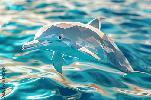 A 3D low poly style illustration of a dolphin, emphasizing its sleek and streamlined form with geometric facets. The image highlights modern design and digital artistry, symbolizing the beauty and gra photo