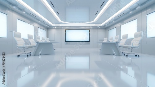 A large, empty room with white walls and a large white screen