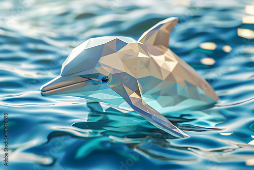 A 3D low poly style illustration of a dolphin, emphasizing its sleek and streamlined form with geometric facets. The image highlights modern design and digital artistry, symbolizing the beauty and gra photo