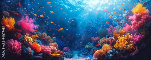 A colorful underwater scene with many fish and coral