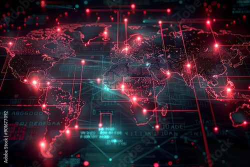 Abstract digital world map with glowing red dots and lines.