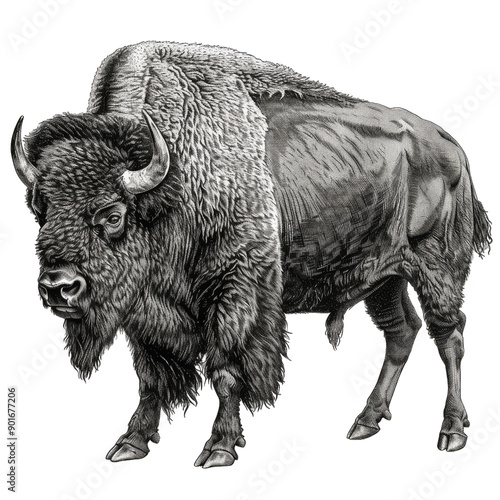 Detailed Bison Etching Monochrome Lineart Hyperrealistic Transparent Illustration