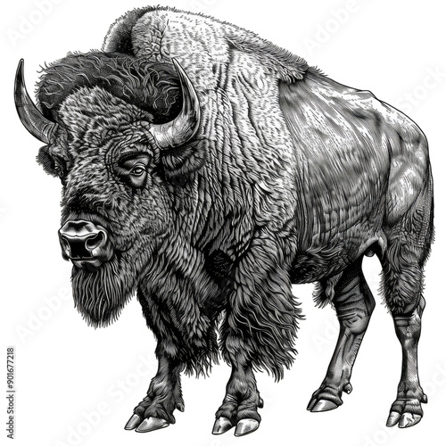 Bison Monochrome Lineart Hyperrealistic Engraving Etching Style Illustration