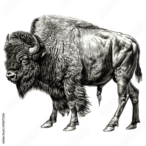 Monochrome Bison Lineart Illustration Detailed Etching Hyperrealistic Style