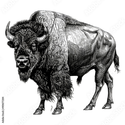 Intricate Bison Monochrome Lineart Etching Engraving Style Illustration