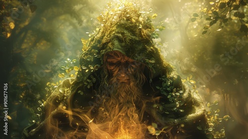 Druid attuned to nature, surrounded by forest elements. Gentle and powerful connection to the natural world. photo