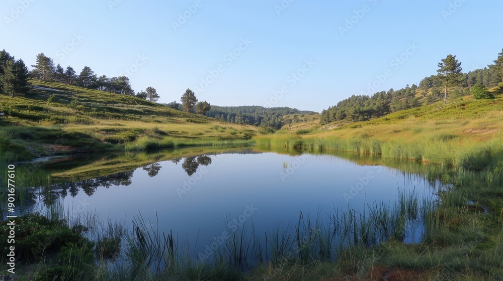 Reflective lake in a serene landscape. Peaceful and calming scene. Reflective lake in a serene landscape. Peaceful and calming scene.