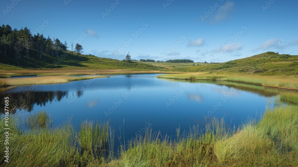 Reflective lake in a serene landscape. Peaceful and calming scene. Reflective lake in a serene landscape. Peaceful and calming scene.