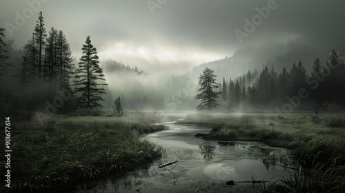 Misty Forest River Landscape: A Serene and Enchanting Scene