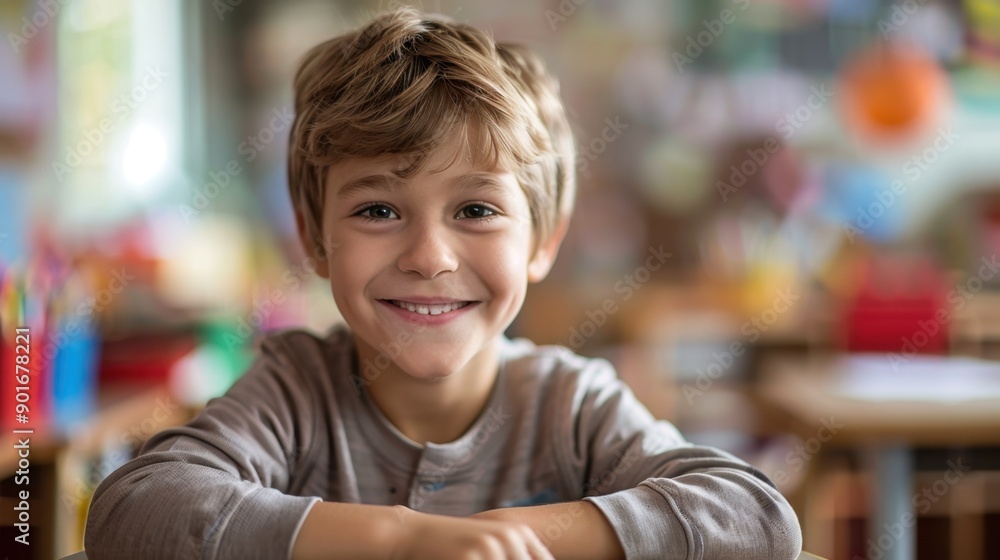 Young boy at a school desk in a classroom, smiling. Cheerful educational environment. Young boy at a school desk in a classroom, smiling. Cheerful educational environment.