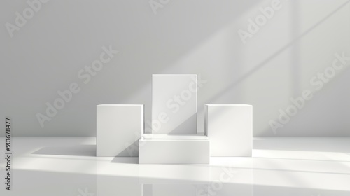 A white box is standing in front of a white wall