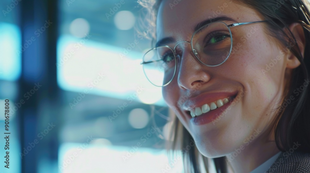 A woman with glasses is smiling and looking at the camera. The image has a bright and cheerful mood, with the woman's smile and the clear blue background A woman with glasses is smiling and looking at the camera. The image has a bright and cheerful mood, with the woman's smile and the clear blue background