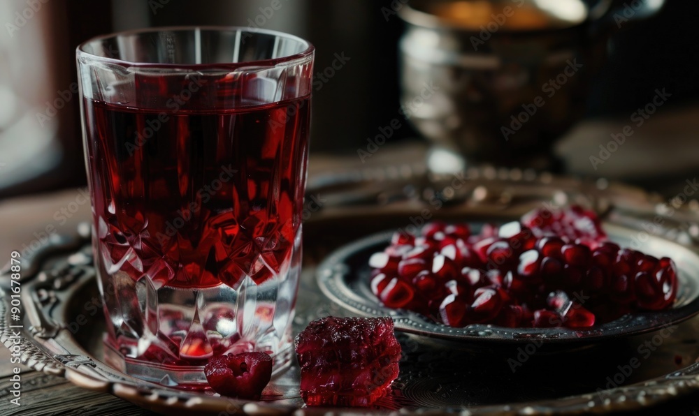 Pomegranate juice in a glass and pomegranate seeds Pomegranate juice in a glass and pomegranate seeds