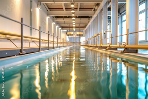 Modern indoor wastewater treatment facility featuring a long water channel reflecting bright lights and clean architecture. © Sunday Cat Studio