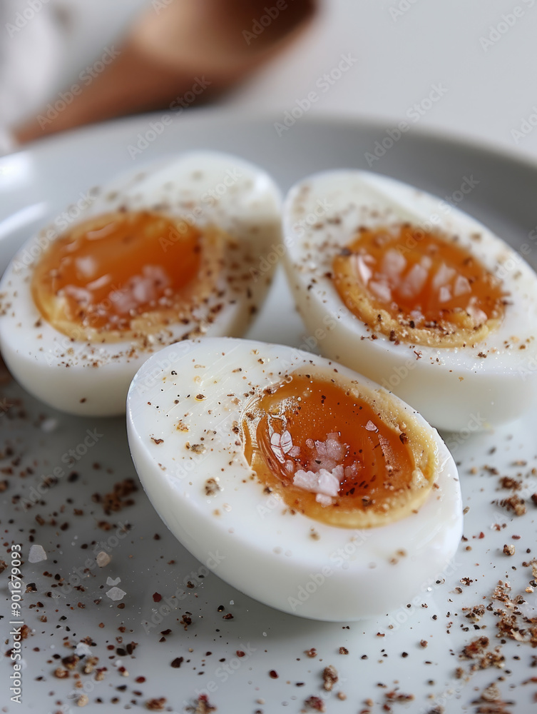 Three halved boiled eggs with seasoning on a plate. Three halved boiled eggs with seasoning on a plate.