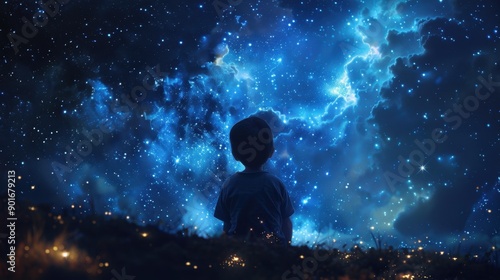 A child gazes into the starry sky, filled with wonder and curiosity, surrounded by the beauty of the night.