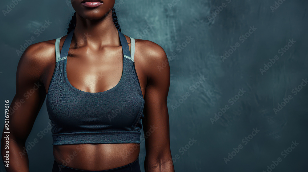 Obraz premium Strong athletic woman showcasing fitness and health in a stylish outfit against a textured background.