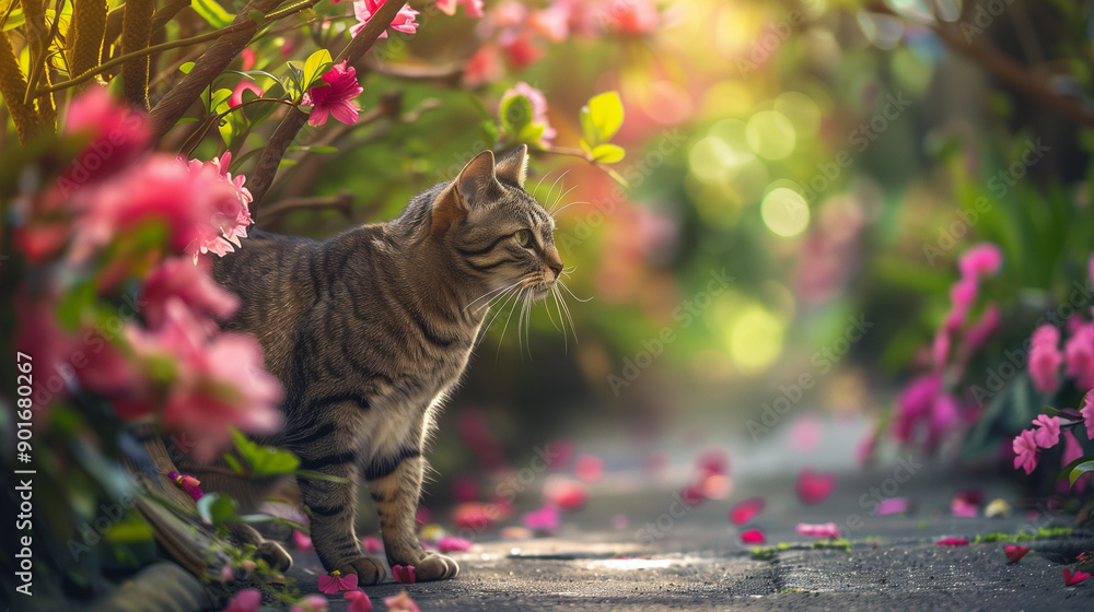Obraz premium colorful image of cat in the garden on the path with pink flowers