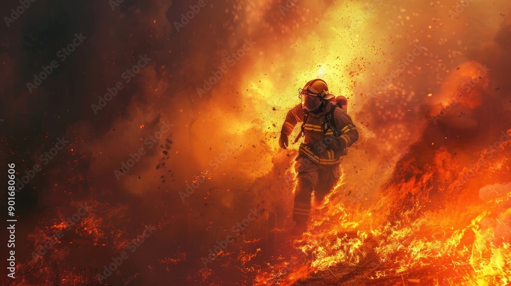 Dramatic scene of a firefighter in full gear running towards engulfing flames, with a bright orange glow dominating the surroundings Dramatic scene of a firefighter in full gear running towards engulfing flames, with a bright orange glow dominating the surroundings