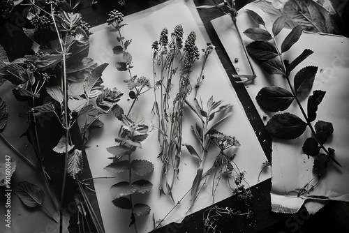 Wallpaper Mural A black and white photo of dried flowers and leaves on a white background. The photo conveys a sense of nostalgia and the passage of time Torontodigital.ca