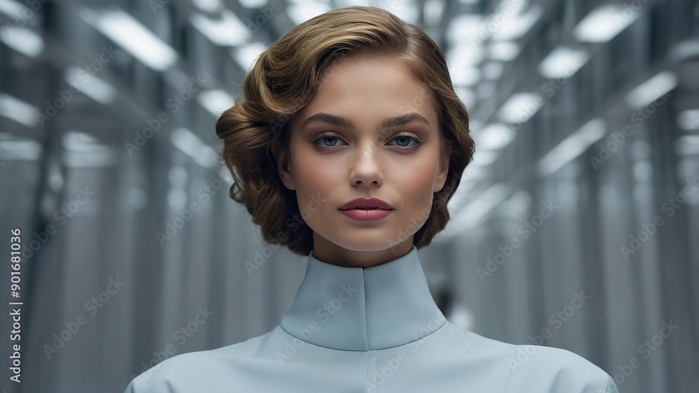 Elegant Model Posing in Sleek Futuristic Fashion Inside Modern Architectural Space Elegant Model Posing in Sleek Futuristic Fashion Inside Modern Architectural Space
