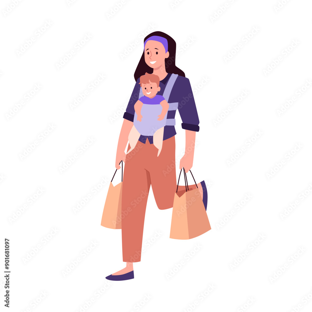 Young mother carrying baby in sling, vector cartoon woman parent walking with infant in carrier wrap and shopping bags Young mother carrying baby in sling, vector cartoon woman parent walking with infant in carrier wrap and shopping bags