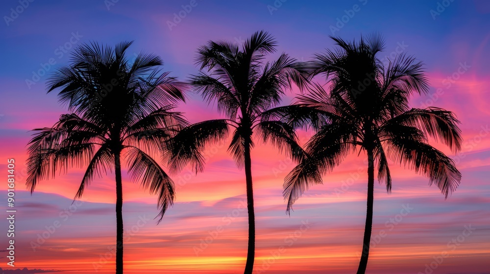 Obraz premium The concept of silhouetted palm trees against a bright sunset sky.