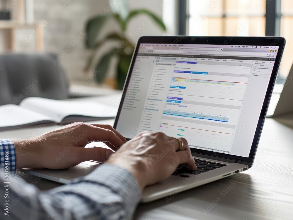 A professional working on a laptop, analyzing data in a modern workspace filled with natural light and greenery. A professional working on a laptop, analyzing data in a modern workspace filled with natural light and greenery.