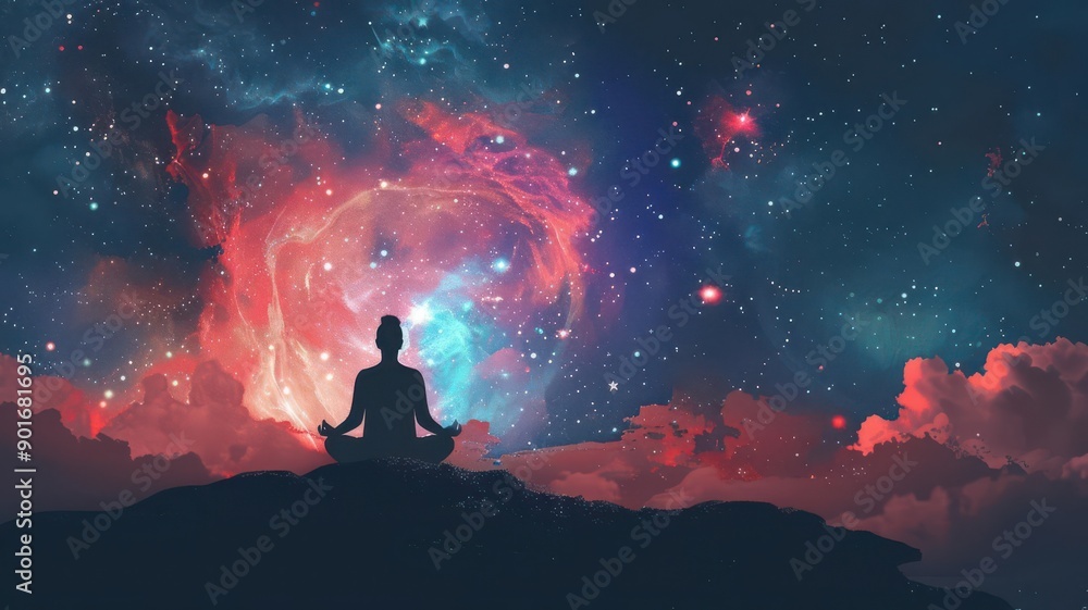 A serene silhouette of a meditator amid a cosmic galaxy, symbolizing inner peace and connection with the universe. A serene silhouette of a meditator amid a cosmic galaxy, symbolizing inner peace and connection with the universe.