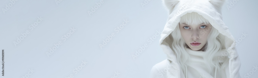 Girl in a hood with cat ears, cute image. Blonde in white clothes on a light background, banner. Fashion and beauty concept. Cat girl. Young beautiful girl staring at the camera. Woman with blue eyes Girl in a hood with cat ears, cute image. Blonde in white clothes on a light background, banner. Fashion and beauty concept. Cat girl. Young beautiful girl staring at the camera. Woman with blue eyes