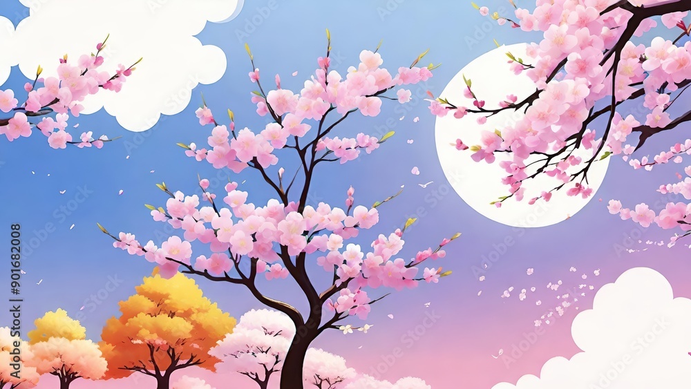 Fototapeta premium 桜と満月が照らす幻想的な夜の風景