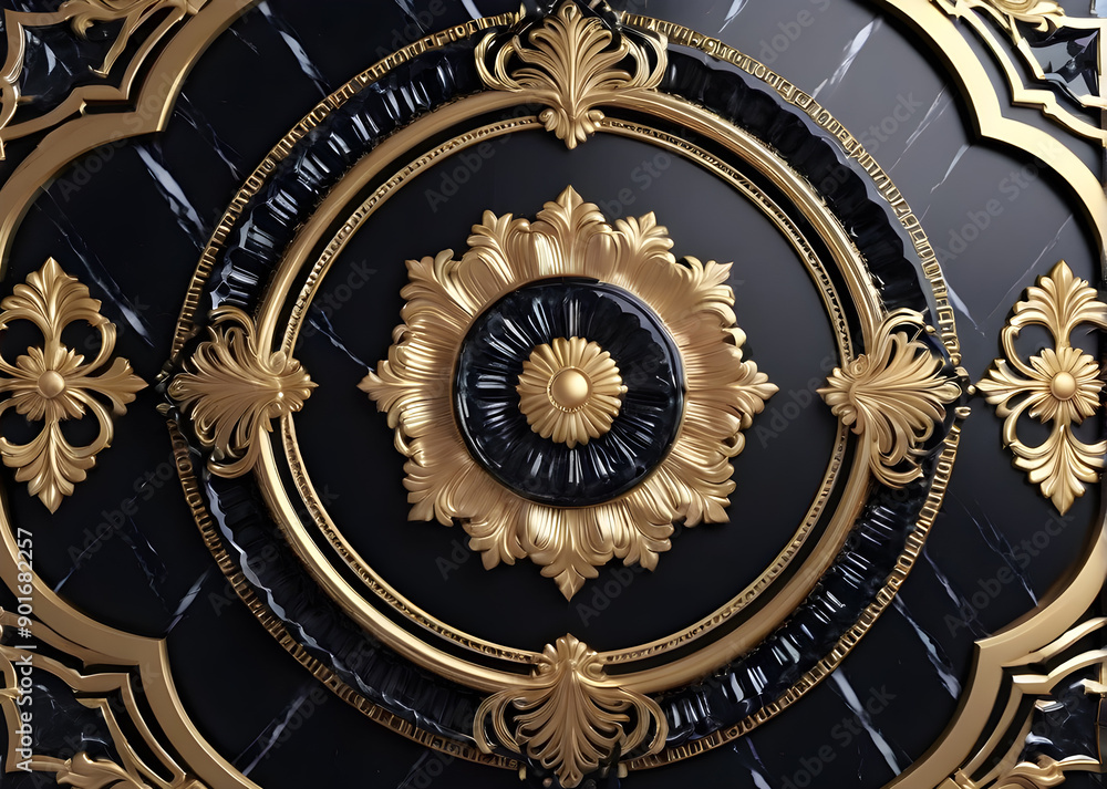 Luxury golden ornament on a black marble background. Luxury golden ornament on a black marble background.