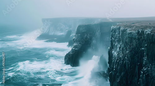 Rugged cliffs overlooking turbulent ocean waves, captured in raw, vivid style, file A 00592 0.