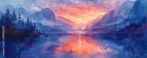 Abstract twilight over a serene lake in watercolor.