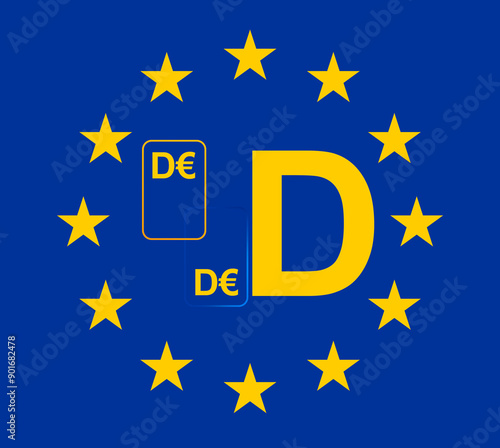 symbol of Digital Euro as D€ as DEURO or D-Euro creative symbol, online payment by mobile device and smart card by the European Union as CBDC photo