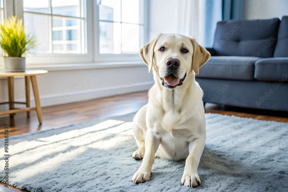 Adorable Labrador dog sitting on carpet at home Adorable Labrador dog sitting on carpet at home